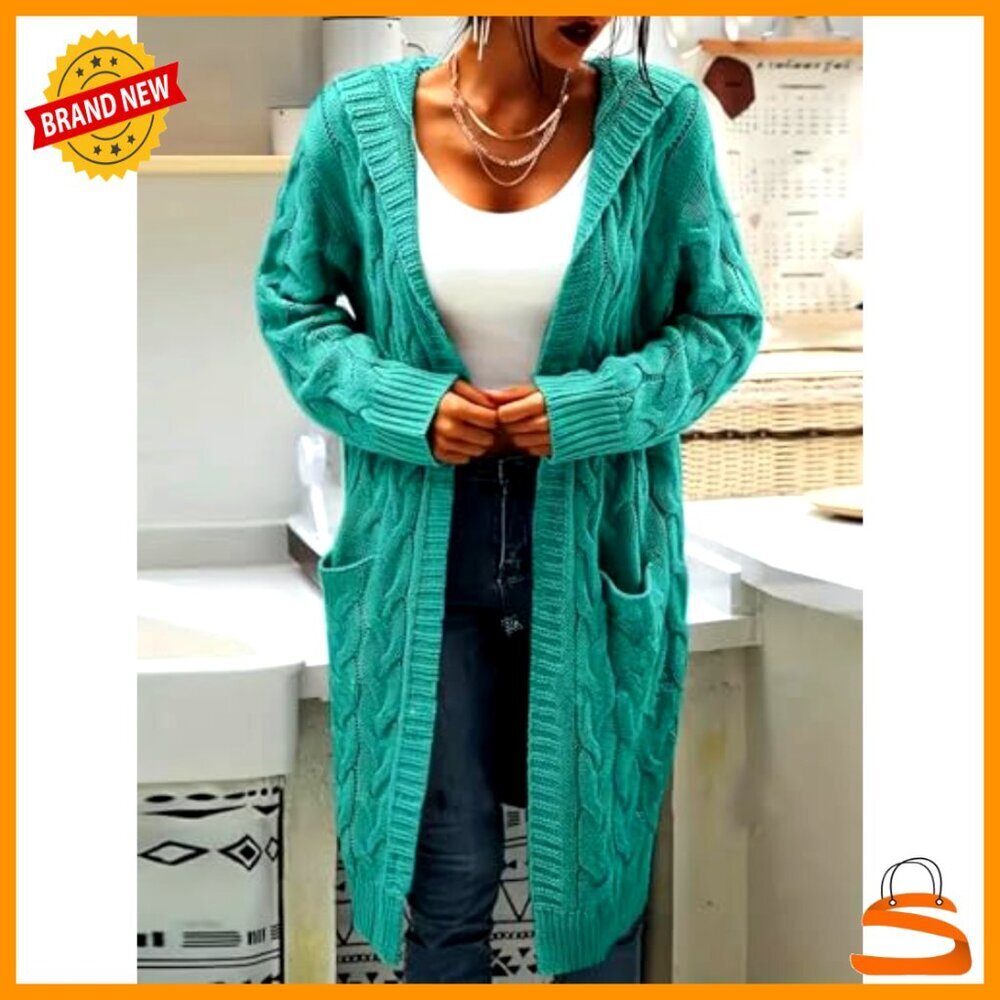 Long Cable Knit Cardigan Open Front Oversized Chic Sweater with Pockets - Picture 2 of 4
